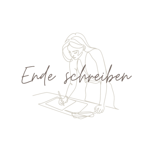 Blogartikel Bild one line art Frau mit dem Schriftzug "Ende Schreiben"