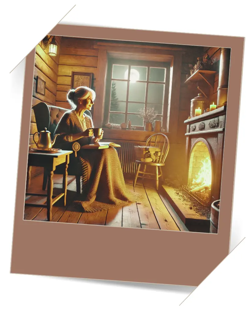 Susen, die wie jeden Abend in ihrer Hütte an ihrem Kamin sitzt und eine Tasse Tee genießt.